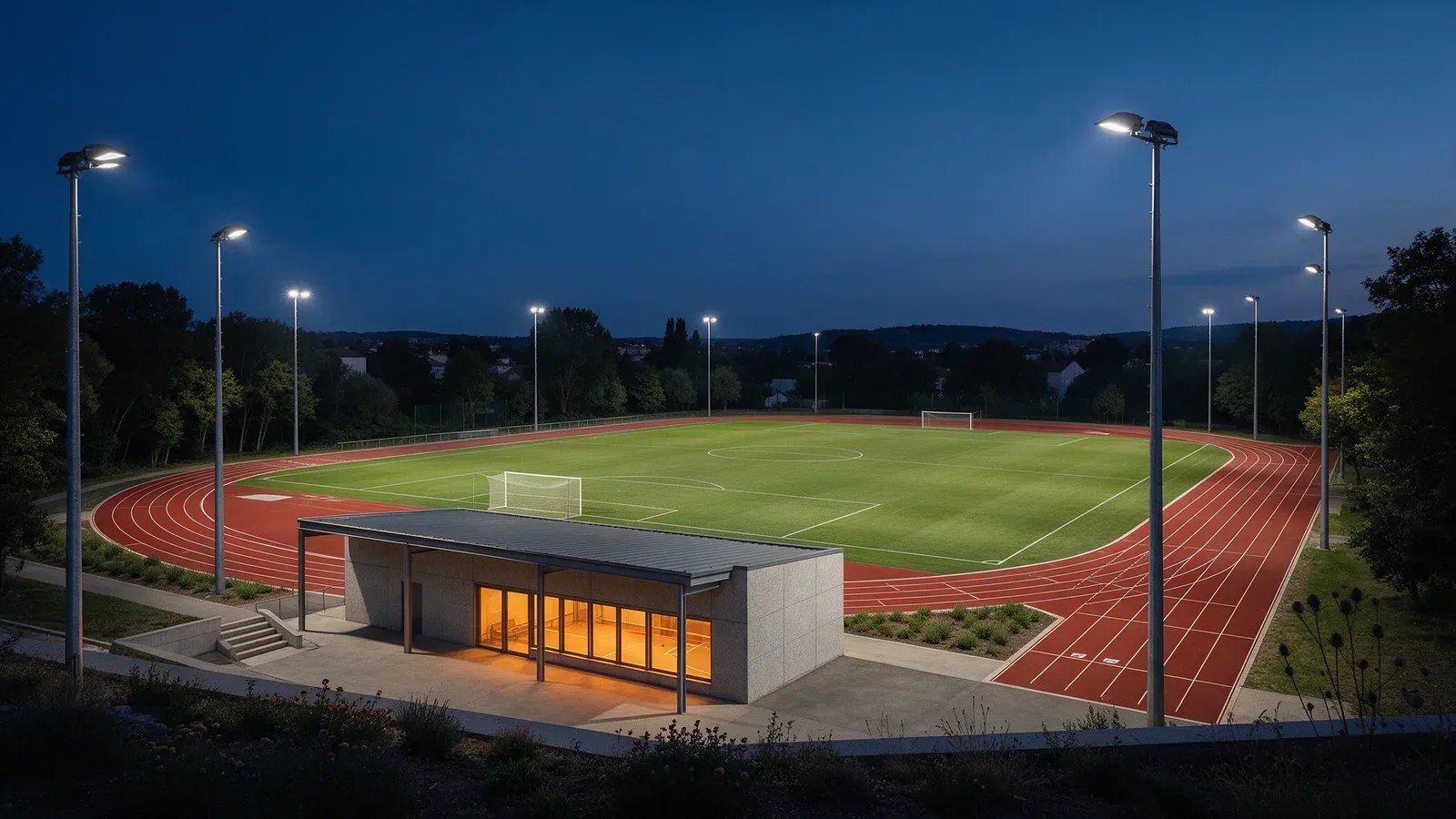 Complexe sportif avec terrain de football, piste d’athlétisme et petit pavillon à l’heure bleue.