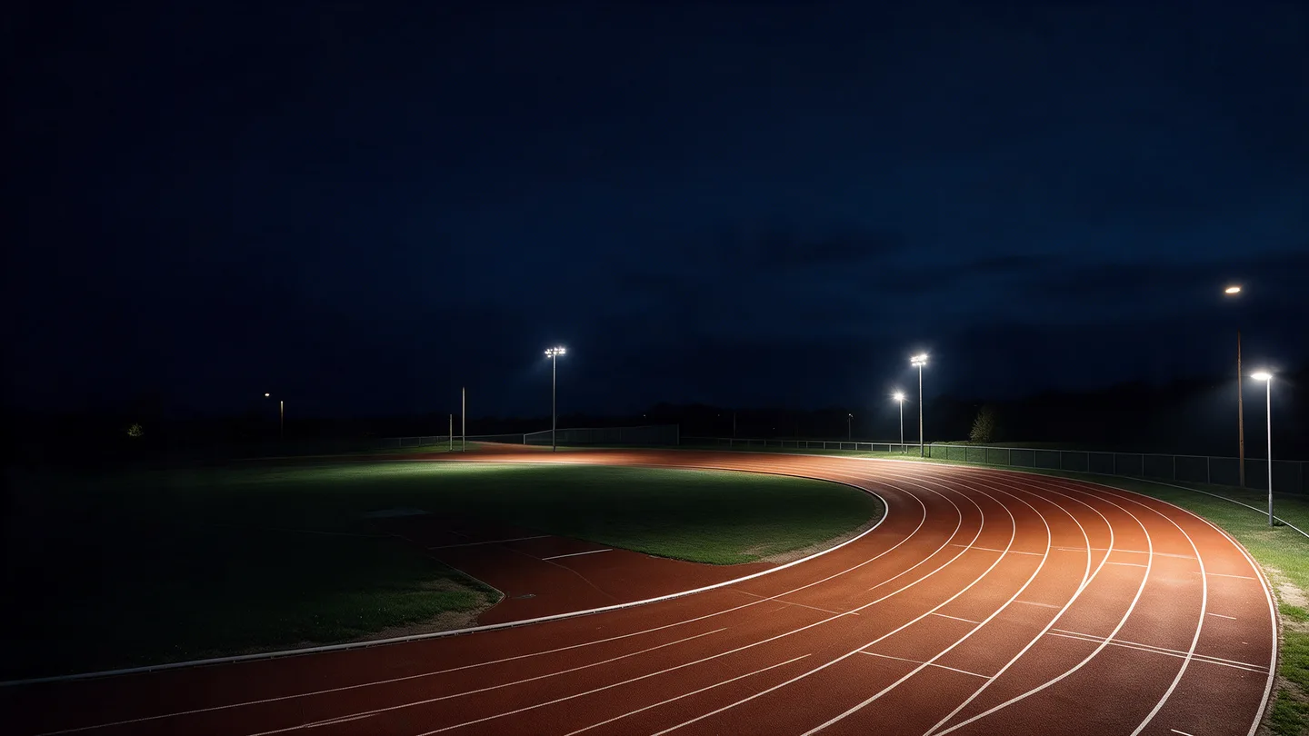 Visualisation du virage d’une piste d’athlétisme de couleur terre cuite éclairée la nuit.